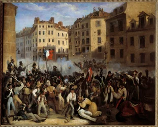 Revolução de 1830 - "A Carta ou Morte" (batalha de 28 de julho, provavelmente rue Saint-Antoine) - "Episódio dos Julianos de 1830". Revolução de 1830. Pintura anônima