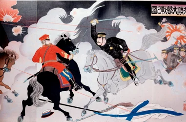 Guerra Russo-Japonesa (1904-1905) Impressão japonesa que retrata a batalha de dois cavaleiros. Início do século XX Coleção Privada