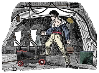 Sabotagem: Um marinheiro atirando água na gravura de pólvora de Charles Ellms "The Pirates Own Book"