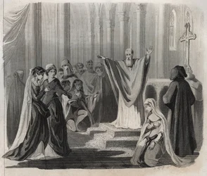 São Dunstan (ca. 909-988), eveque de Cantuária, beneditino e reformador da vida monástica na Inglaterra, anunciando sua morte iminente ao povo. Gravura de 1846 em "Lives of the saints". Coleção privada.