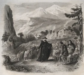São François de Sales (1567-1622), eveque de Genebra em visita pastoral. Gravura de 1846 em "Vidas dos Santos". Coleção particular.
