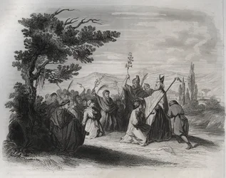 Saint Hilaire de Poitiers (310-368) retornando do exílio. Gravura a partir de 1846 em "Vidas dos Santos". Coleção privada.