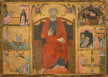 São Pedro num trono rodeado de cenas bíblicas (pintura sobre madeira)