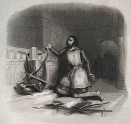 São Guilherme de Aquitânia (Guilhem de Gellone) (ca. 750/755-812/815) colocando seus braços sobre o túmulo de São Julião Mártir em Brioude. Gravura de 1846 em "Vidas dos Santos". Coleção privada.