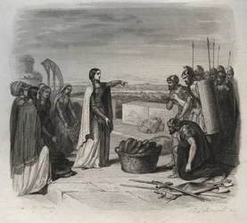 Sainte Genevieve distribuiu alimentos ao povo durante o cerco de Paris pelo exército dos Hunos de Átila em 451 (invasões bárbaras). Gravura a partir de 1846 em "Vidas dos Santos". Coleção privada.