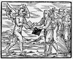Satanás apresenta um livro negro aos seguidores em troca do livro dos Evangelhos - “Compendium Maleficarum”, sobre bruxas, as suas desventuras e os seus sortilégios, de Francesco Maria Guazzo ou Guaccio ou Guaccius (15?? -16??), 1608, Coleção particular