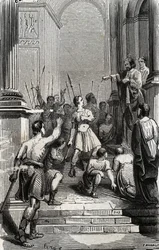 Saturno de Toulouse (Saint Sernin, primeira eveque cristã de Toulouse) (século III) parou na capital de Toulouse - Gravura de 1846 em "Lives des saints". Coleção particular.