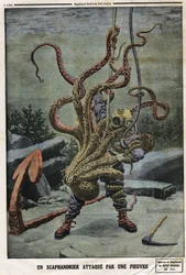 O Scaphandler atacado por um polvo. Gravação no "Le petit Journal", em 16/06/1912. Colecção privada.