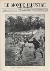 Segunda Guerra de Dahomey (1892-1894): morte do comandante francês Faurax durante a Batalha de Dogba em 19 de Setembro de 1892 em Dahomey (agora Benin). Um jornal. Gravura em "Le monde illustree" de 1892. Colecção privada.