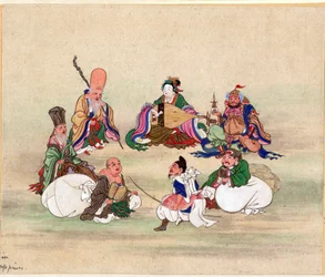 Sept Divinites du Bonheur - Seven Lucky Gods par Anonymous, ca 1878 - Aquarela e tinta sobre papel, 25x17,8 - Coleção Privada