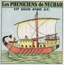 Navios e navios: Marinheiros fenícios ao serviço do Faraó Nechao no século VII AC. Ilustração anónima a partir de 1925. Coleção privada.