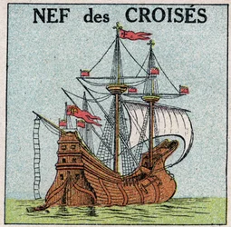 Navios e navios: a nave real "Montjoie" do Rei Saint Louis (1214-1270) durante as Cruzadas. Ilustração anónima a partir de 1925. Coleção privada.