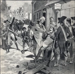 Sítio de Lille em 1792: Peruca Maes usando um estilhaço de bomba como prato de barba para barbear um cliente. Gravação em "Le petit parisien" em 16/10/1892. Coleção Particular