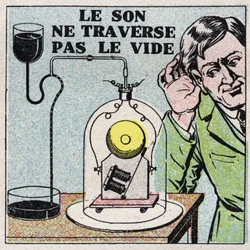Energia sonora: o som não se espalha no vácuo. Colocamos uma campainha eléctrica numa campainha fechada e depois esvaziamo-la. Ilustração anónima de 1925. Colecção privada.