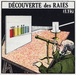 Análise espectral: descoberta dos raios por Joseph von Fraunhofer (1787-1826) em 1817. Ilustração anônima a partir de 1925. Coleção particular.