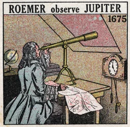 Velocidade da luz: O astrónomo dinamarquês Ole Christensen Romer (Olaus Roemer) (1644-1710) observa os eclipses dos satélites de Júpiter em 1675-1676 e usa-os para medir a velocidade da luz. Ilustração anônima de 1925. Coleção privada.