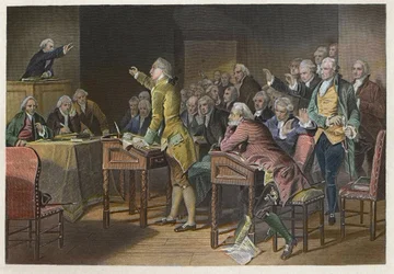 Lei do Selo (Deveres nas Colônias Americanas) - O líder revolucionário americano Patrick Henry (1736-1799) falando contra a Lei do Selo na Casa de Burgesses da Virgínia em 1765 - Discurso de Patrick Henry contra a Lei do Selo em 1765 perante a Casa de