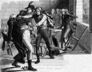 Suicídio de Nicolas-Joseph Beaurepaire (1792) após a decisão de devolver Verdun aos prussianos - gravura em «Histoire des Girondins», de Alphonse de Lamartine (1790-1869), 1865-1866 - coleção particular