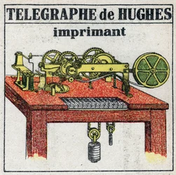 Telégrafo: impressora telegráfica eléctrica de David Edward Hughes (1831-1900). Ilustração anônima de 1925. Coleção privada.