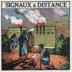 Telégrafo: sinais luminosos remotos utilizados pelos gregos da Antiguidade para comunicar. Ilustração anónima a partir de 1925. Coleção privada.