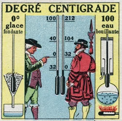 Temperatura e expansão: Degre centigrado. Comparação entre graus Farenheit e graus Celsius. Ilustração anónima a partir de 1925. Colecção privada.