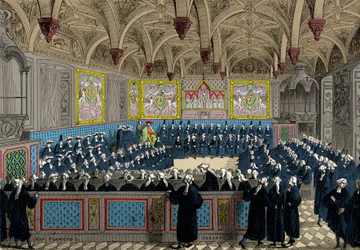 A Assembléia do Parlamento em 1787 na presença do Rei Luís XVI, Gravura, Coleção Privada