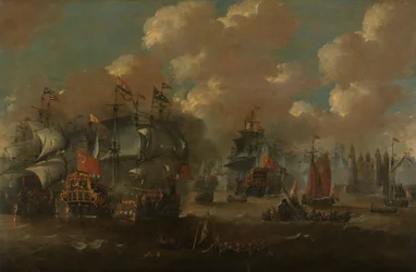 A batalha do Øresund com o Eendracht a enfrentar dois navios de guerra suecos