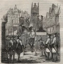 O cavaleiro François-Jean Lefebvre de La Barre (François Jean Lefebvre de La Barre) sobe ao cadafalso em 1766. Gravura em «Histoire des bagnes depuis leur création à nos jours» (1877) de Pierre Zaccone (1817-1895), colónia penal