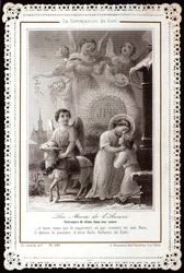 A Comunhão de Natal. A Missa do Amanhecer. Nascimento de Jesus em nossos corações Imagem piedosa. Cartão postal Dentelee. Coleção Particular