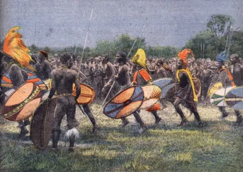 A Expedição do ex-presidente americano Theodore Roosevelt (1858 - 1919) à África: A Dança Guerreira no Uganda. Gravura. Um dos jornais "Le petit parisien" em 24/04/1910. Coleção privada.