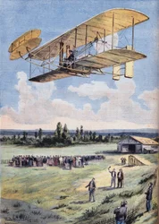 The Flying Men: as experiências de Wilbur Wright (1867-1912) acima do hipódromo de Hunaudieres, perto da cidade de Le Mans. Gravura do jornal "Le Peute Parisien", em 30/08/1908. Coleção particular.