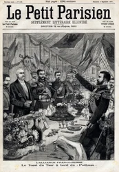 A aliança franco-russa: o brinde do czar Nicolau II (1868-1918) em homenagem ao presidente francês Felix Faure (1841-1899) a bordo do Pothau. Em "Le Petit Parisien" em 5/09/1897. Coleção Particular