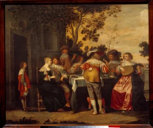 O jogo de cartas Gallant Scene com dois jogadores e músicos. A pintura anónima. Lille do século XVII, Musee des Beaux Arts