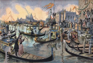 O Imperador alemão Guilherme II da Prússia (1859-1941) em Veneza. Gravura do jornal "Le Peute Parisien", em 12/04/1908. Coleção privada.