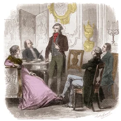 Os Girondins na casa Madame Roland - Reunion des Girondins chez Madame Roland (Manon (Jeanne Marie) Roland Philipon) (1754-1793) - Gravura em "Histoire des Girondins" de Alphonse de Lamartine (1790-1869) 1865-1866 - Coleção particular