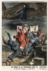 Os Heros of Wireless Telegraphy: A bordo do "Titanic", o Chefe Telegráfico Sr. Phillips continua a enviar mensagens de socorro apesar da subida da água na cabine telegráfica. Em Fez, Marrocos, quatro funcionários da TSF foram atacados por saqueadores marro