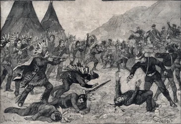 A revolta dos índios nos Estados Unidos: uma luta entre os índios Sioux e as tropas americanas. Gravura em "Le petit Parisien", de 1891. Coleção privada.