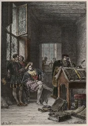 O Rei de França François I (1494-1547), protector das artes e das letras, visita aos ateliers dos tipógrafos Estienne (Robert Estienne), cerca de 1540 (Rei de França Francisco I visita os ateliers dos tipógrafos reais Estienne