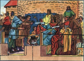 O Rei da França Luís VI o grande (1081-1137) concedendo a Carta à cidade de Paris. Ilustração anónima na "Collection des souverains et chefs d