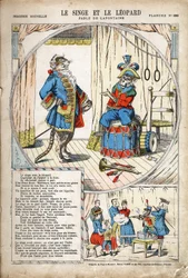 O Macaco e o Leopardo. Ilustração anônima para Les Fables de Jean de LA FONTAINE (Lafontaine) (1621-1695). Imagem de Pont-a-Mousson, por volta de 1880. Coleção particular.