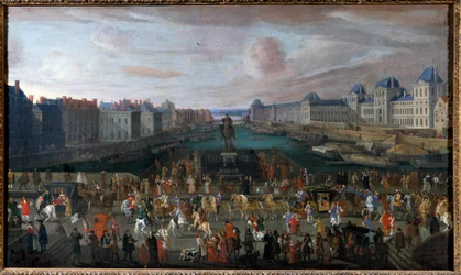 A Pont Neuf vista da entrada da Place Dauphine, o Quai Malaquais com o Colégio das Quatro Nações (Institut de France) em construção, a Grande Galerie e o Louvre durante a passagem de um cortejo. Pintura anónima. 1665. Dimensões: 0,74 x 1,25 m.