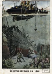 O Resgate dos Milhões do Oceano: Os scaphandlers mergulham em Eastbourne para apanhar os 18 milhões de metais que o transatlântico britânico deveria transportar para a Índia. Gravação no "Le Petite Journal", em 19/05/1912. Coleção privada.