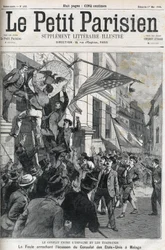 A Guerra Hispano-Americana (Hispano Americano): a multidão rasgando o crachá do Consulado dos EUA em Málaga, Espanha, em 1898. Capa do "Le petit Parisien", de maio de 1898.
