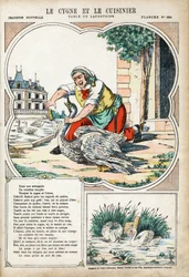 O Cisne e o Cozinheiro. Ilustração anônima para Les Fables de Jean de LA FONTAINE (Lafontaine) (1621-1695). Imagem de Pont-a-Mousson, por volta de 1880. Coleção particular.