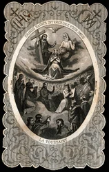 A Virgem Maria com a Santíssima Trindade (Deus, Jesus Cristo e a pomba do Espírito Santo). Cartão Dentelee. Século XIX. Coleção Particular