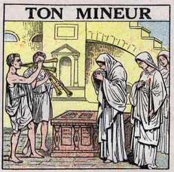 A arte dos sons: o seu mineiro. Flautistas duplos numa rua em tempos antigos (durante um funeral). Ilustração anónima de 1925. Colecção privada.