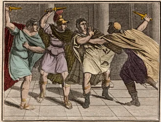 O assassinato do imperador romano Júlio César (Jules César - Giulio Cesare ou Gaius Julius Caesar) em 15 de março de 44 a.C. - gravura de «The Rollin of Youth or Chosen Pieces of Ancient and Roman Stories», 1816 - colecção particular