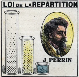 Os átomos: lei de distribuição de Jean Perrin (1870-1942). Ilustração anónima a partir de 1925. Coleção privada.