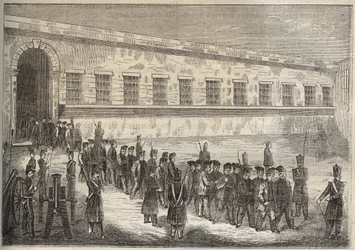 A bagne de Rochefort no século XIX. Gravura em "Histoire des bagnes depuis leur création à nos jours" (1877) de Pierre Zaccone (1817-1895) (Colonia Penale - colônia penal). Coleção particular.