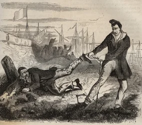O maior tormento do forcate é ser um miserável. Lutar entre dois prisioneiros ligados pela mesma corrente. Bagne de Rochefort, no século XIX. Gravação em "Histoire des bagnes depuis leur création à nos jours" (1877) por Pierre Zaccone (1817-1895)